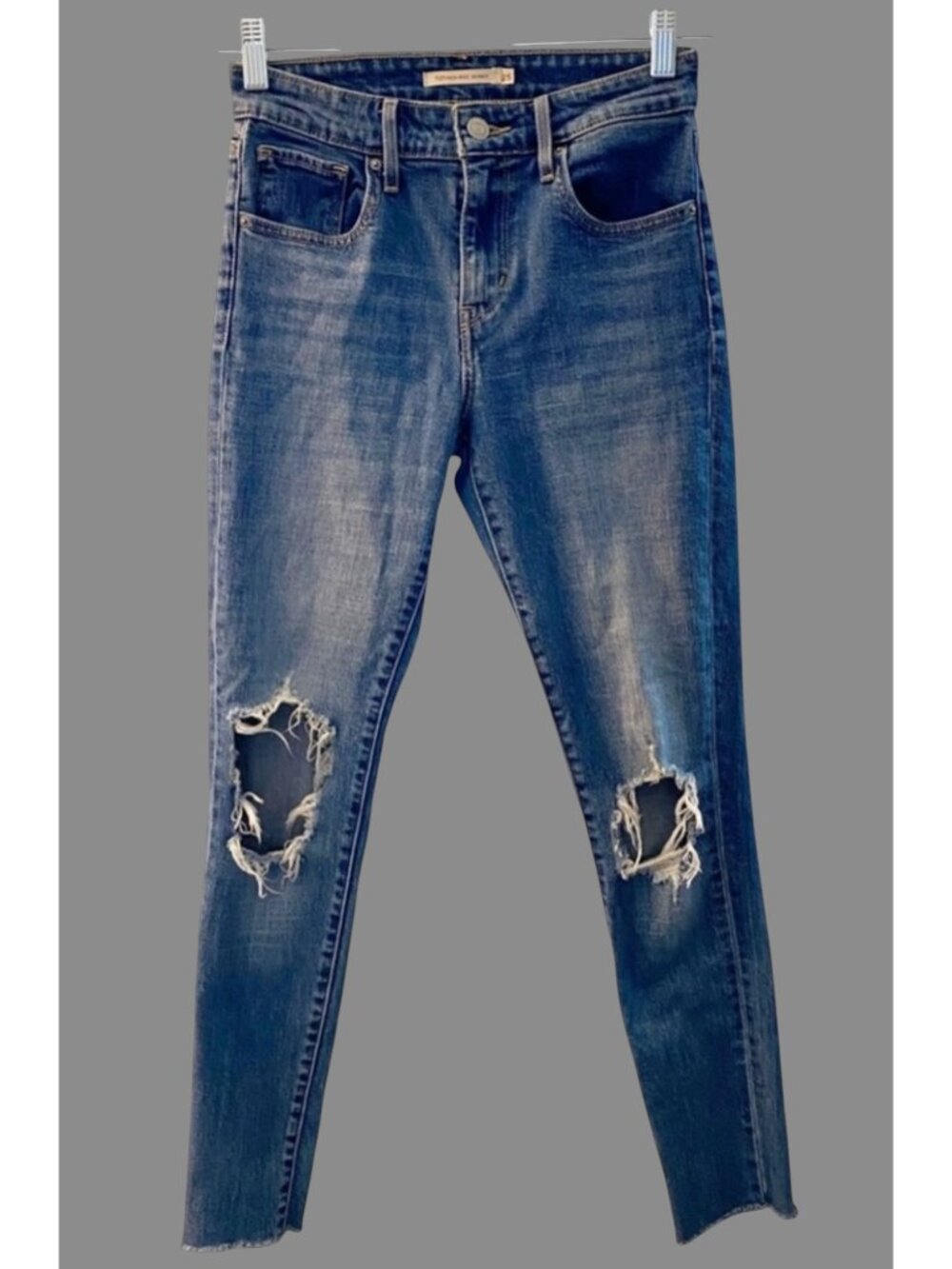 Levi’s 721 High Rise Skinny Jeans Women Sz 25 Distressed Knee Raw Hem Blue Denim